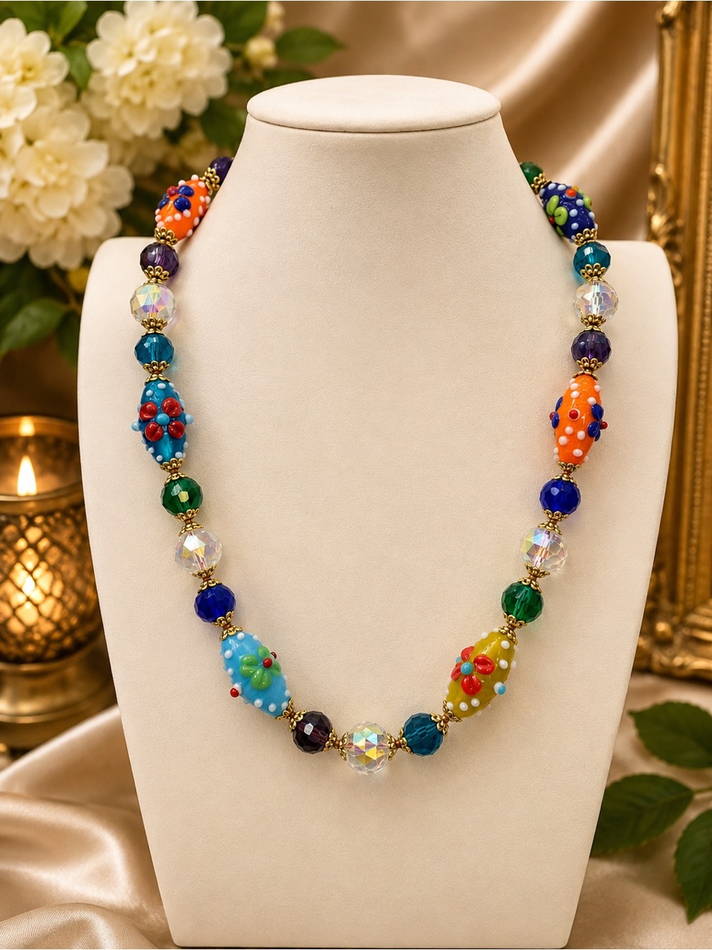 #1 FLASH  Hand-Knotted Aprilsplace Original Flower  Lampwork Glass Necklace - Picture 4 of 13